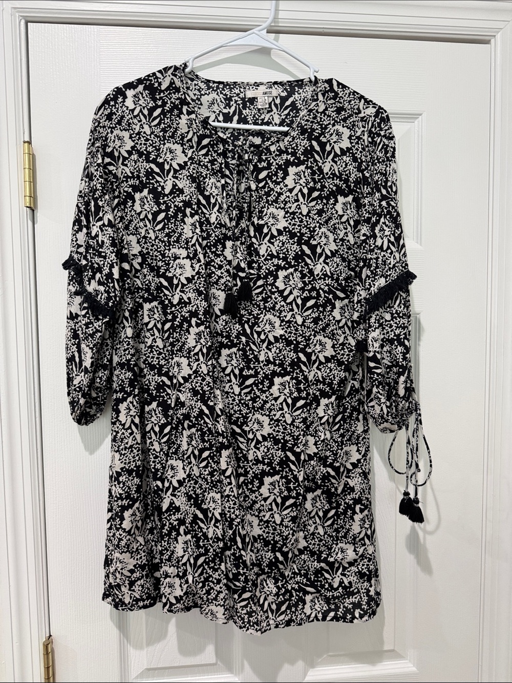 Amuse Society Black & White Floral Midi Dress with Tassel Ties